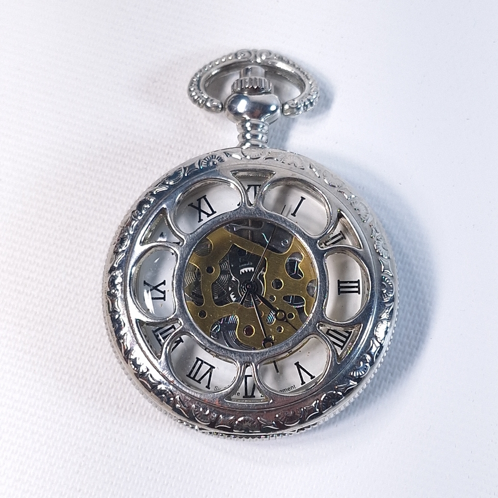 Skeleton Silver Tone Mens Quartz Pocket Watch, New Battery